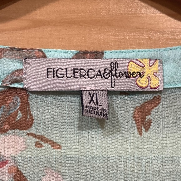 Figueroa & Flower Blouse Womens XL Teal Floral Sheer Button Front Paisley - Picture 3 of 11